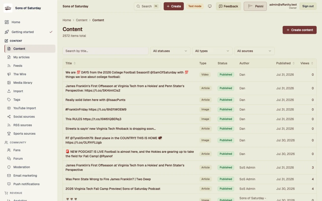 Afanity admin console content manager with published articles, statuses and view counts