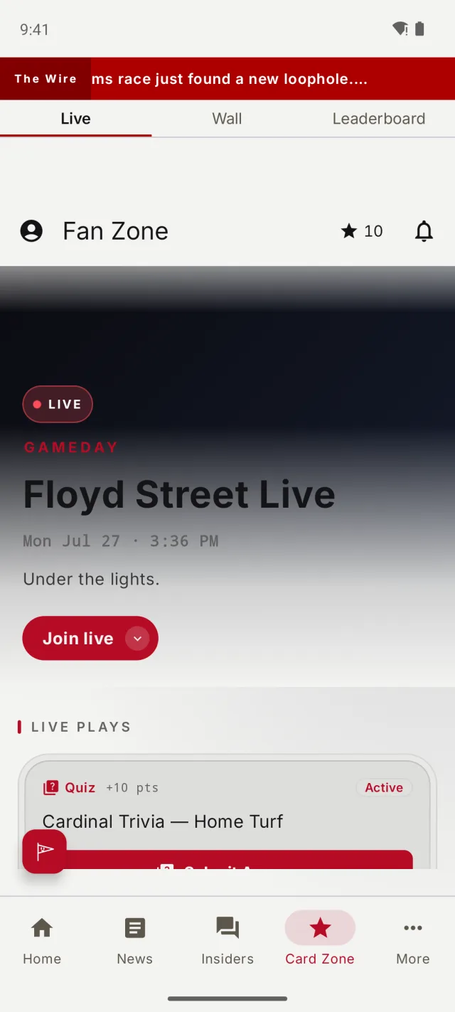 Floyd Street Media Android Card Zone with the live gameday stream and fan widgets