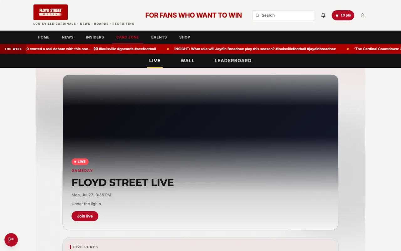 Floyd Street Media Card Zone with the live gameday stream, live plays and fan widgets