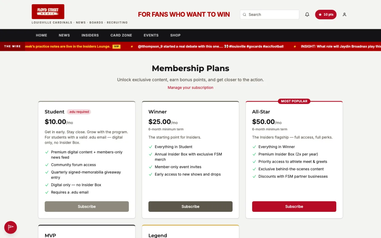 Floyd Street Media website Insiders membership tier pricing