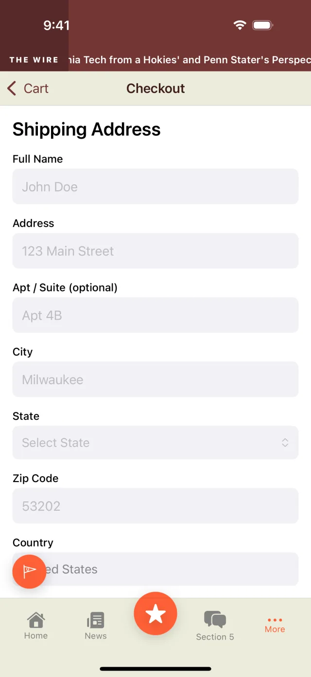 Sons of Saturday iOS checkout with order summary and shipping form