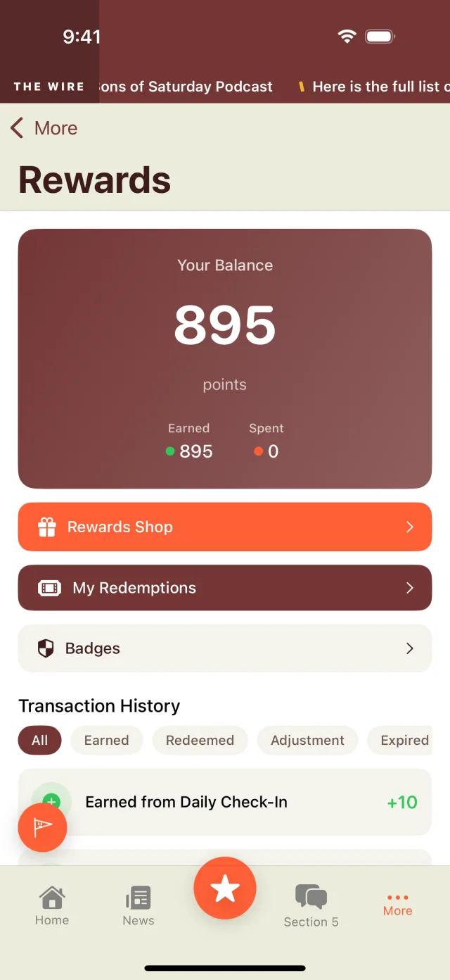 Sons of Saturday iOS rewards wallet showing points balance, badges, and transaction history