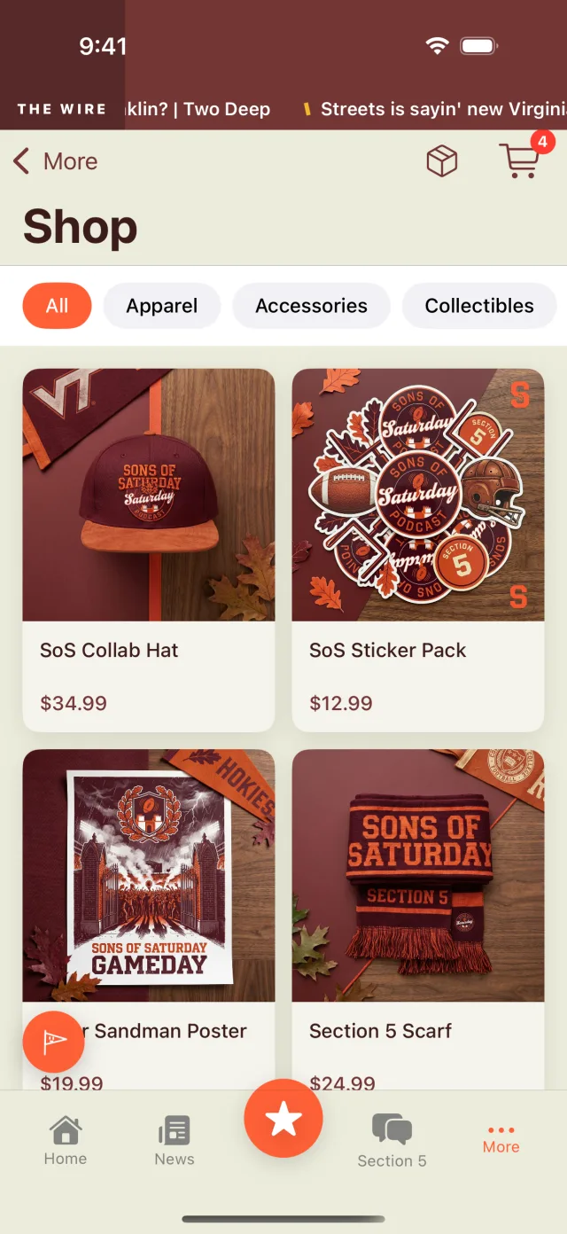 Sons of Saturday iOS shop grid with branded merchandise