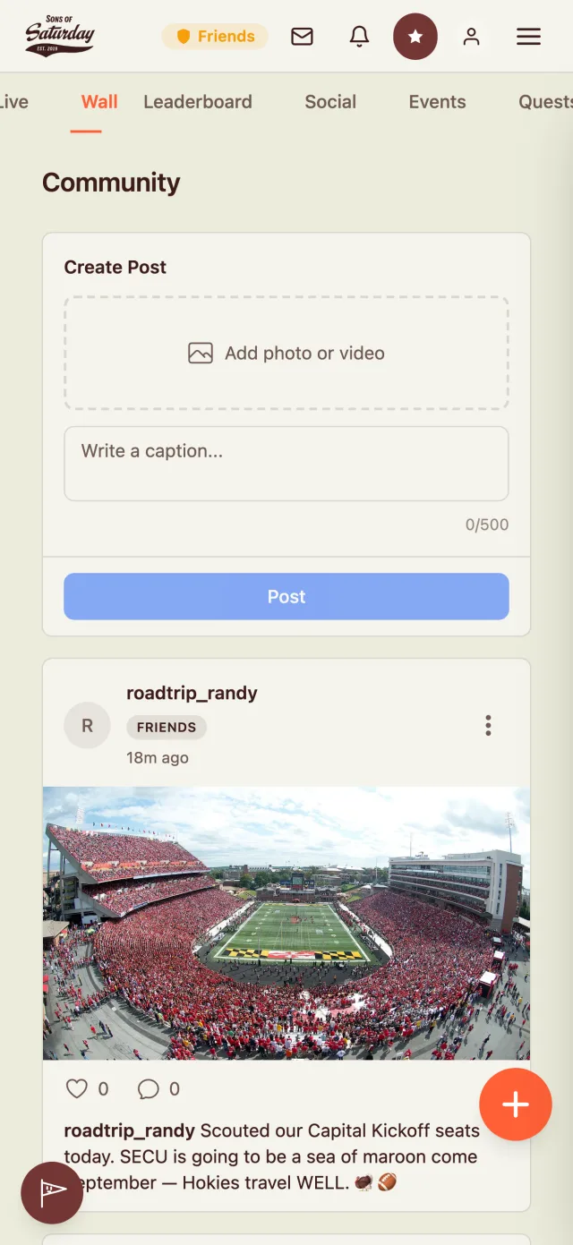 Sons of Saturday community wall on a phone with the Create Post composer and a fan photo post