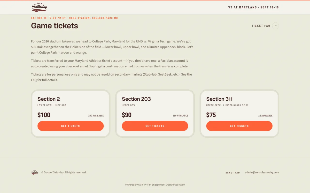 Sons of Saturday ticket storefront with three stadium section tiers, prices and Get tickets buttons