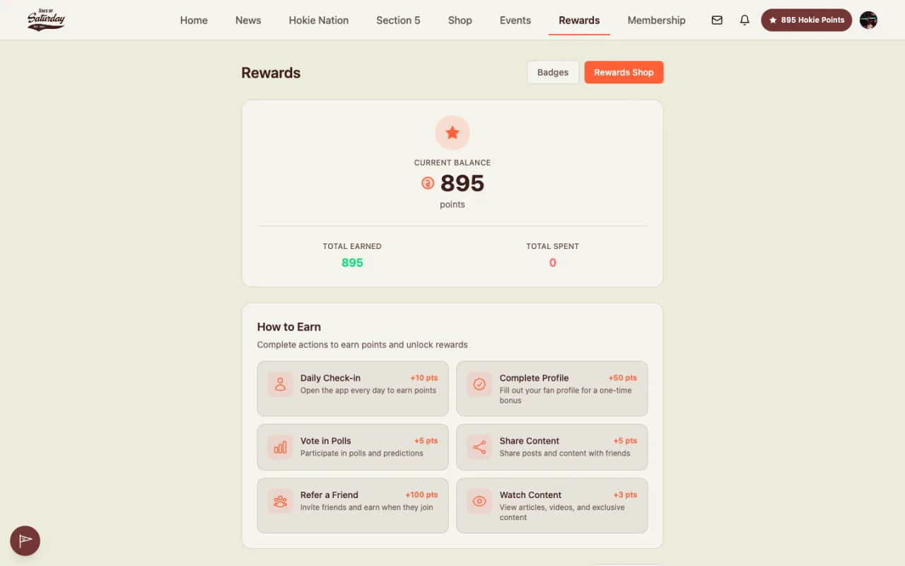 Sons of Saturday website rewards page with points balance and earn actions