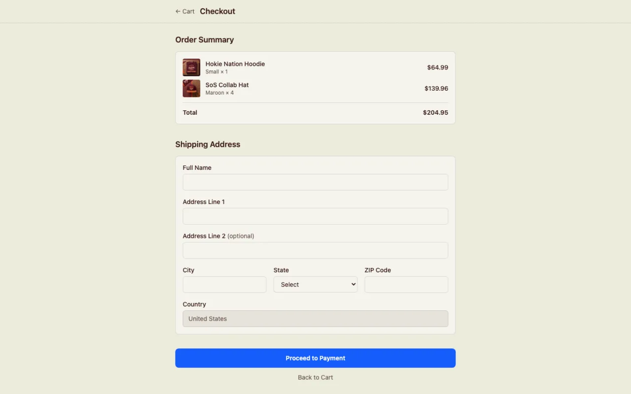 Sons of Saturday website checkout with order summary and shipping address