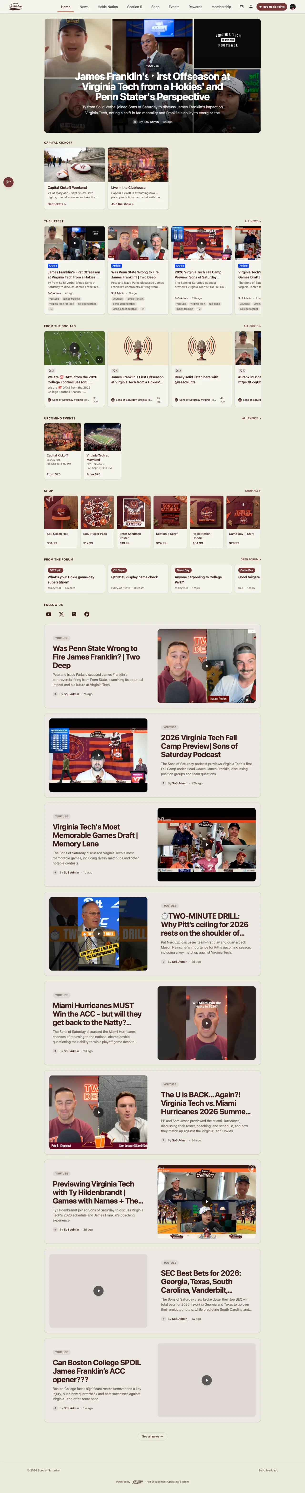 Sons of Saturday website homepage with hero video, events, shop and forum rails