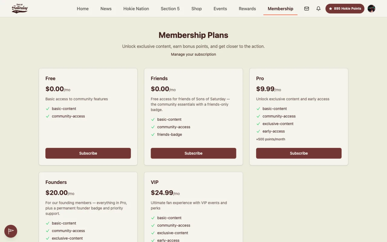 Sons of Saturday website Section 5 membership plans