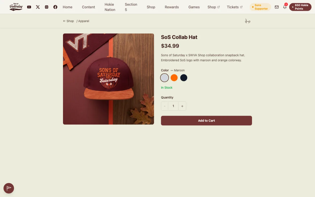 Sons of Saturday website product page for a collab hat with color swatches, quantity and Add to Cart