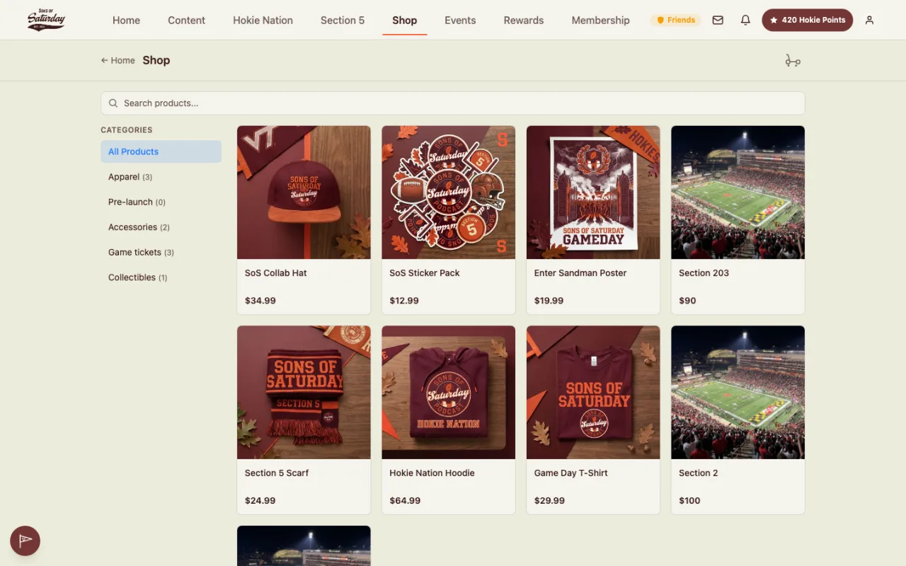 Sons of Saturday website shop grid with product photography and a category sidebar